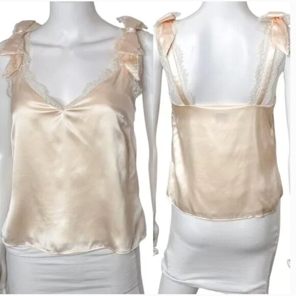 CAMI NYC Freya V Neck Silk Lace Trim Bow Shoulder Cami Top in Ceramic Ivory XXS - Picture 1 of 7